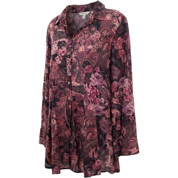 Cino Tops - Cino Womens Medium Pink Purple Paisley Floral Crinkle Button Down Tunic Blouse